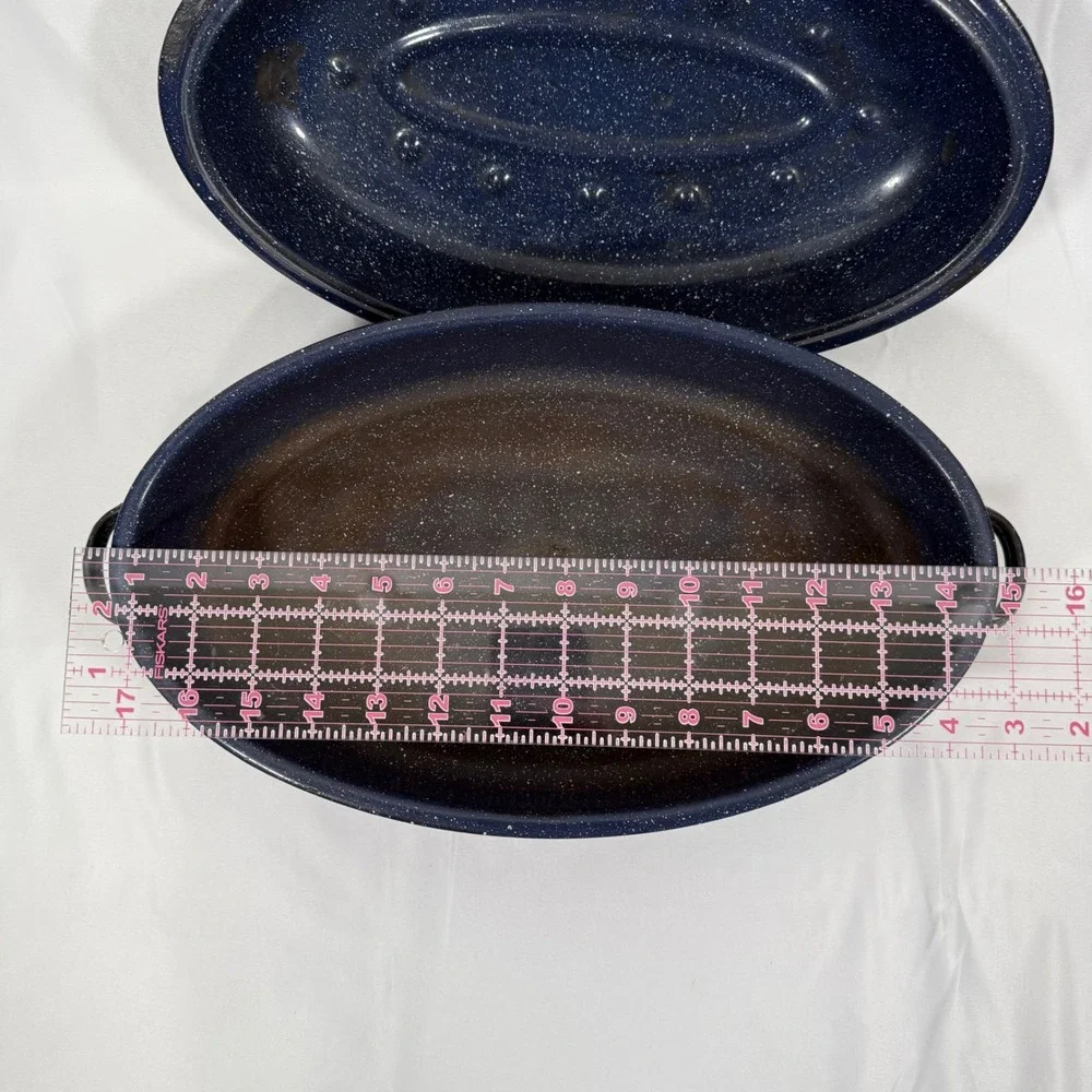 Vintage Enamelware Roaster Pan Large Blue White Speckled Oval Lidded Pot 15 Inch